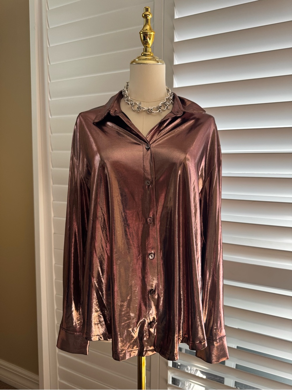 Metallic Rose Brown Button-Up Satin Shirt - Women's Top